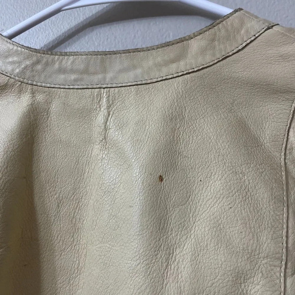 Designer Unique Women Biege Cosmo Bella Leather Biker Jacket Classic Pockets Vtg - Picture 10 of 11